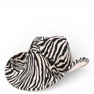 Faux Wool Zebra Print Western Cowboy Hat - Black & Cream